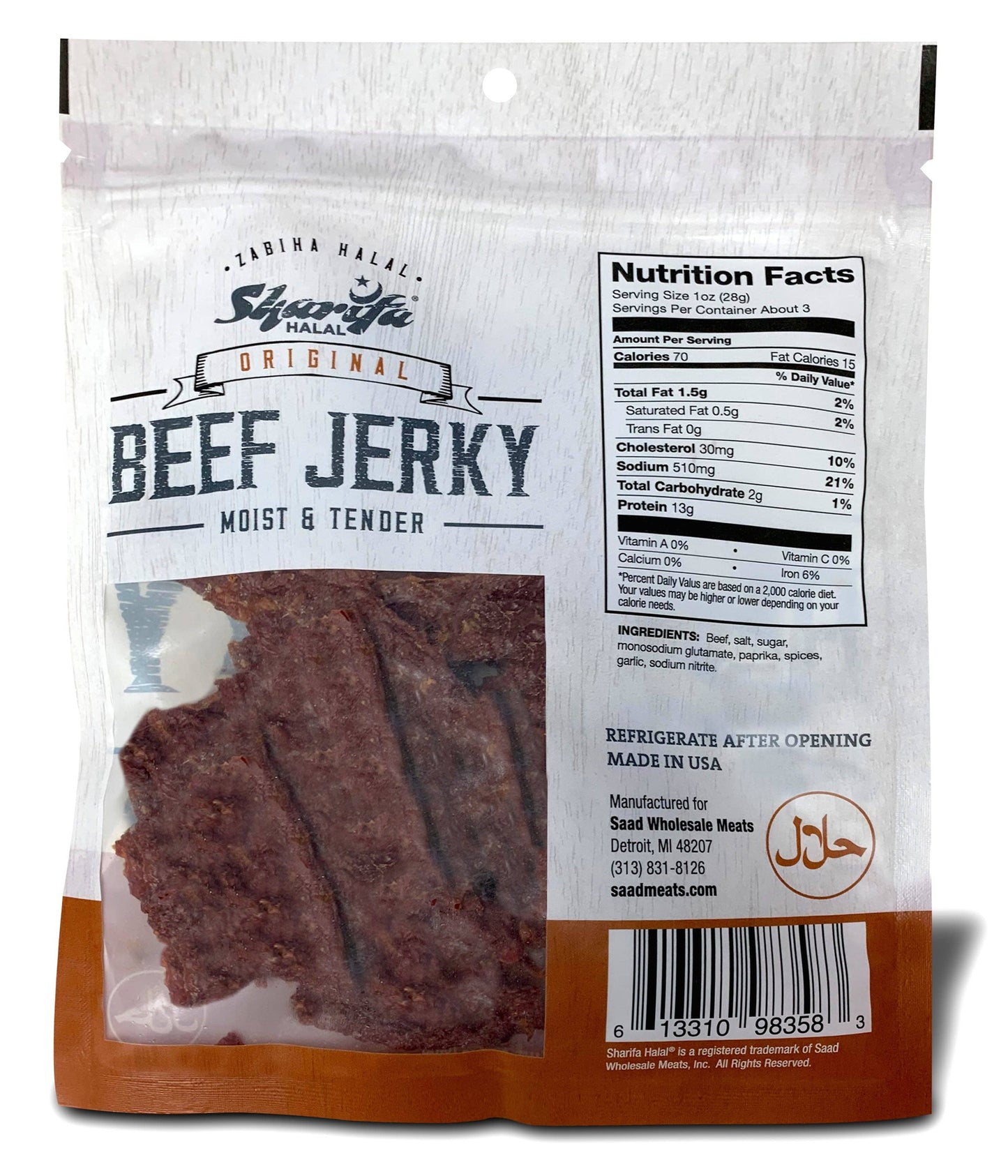 Sharifa Halal Beef Jerky, Original, 2.85 oz. per bag