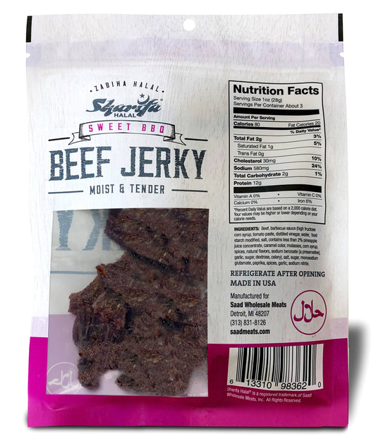 Sharifa Halal Beef Jerky, Sweet BBQ, 2.85 oz. per bag